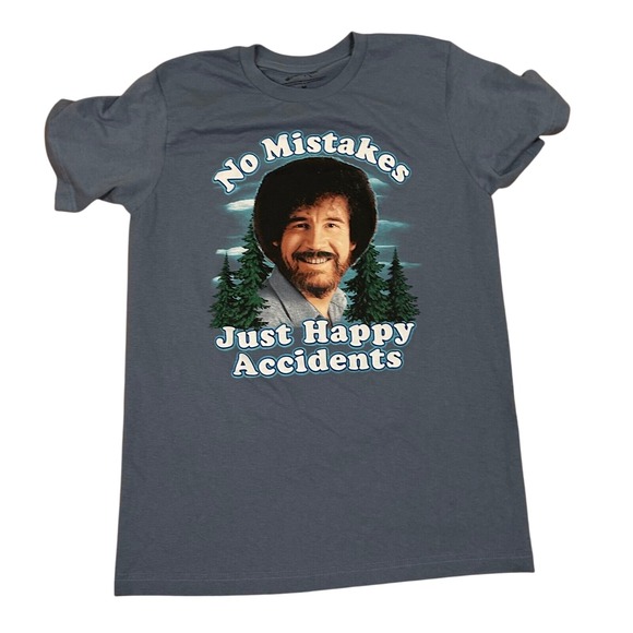 Bob Ross T-shirt No Mistakes Just‎ Happy Accidents front hit slate blue size m - Picture 1 of 1